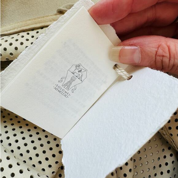 NWT Brunello Cucinelli Tan Cream Laser Cut 100% Leather Bomber Jacket 48 / XL - Picture 9 of 16